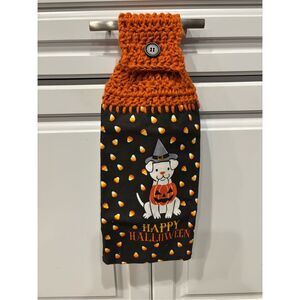 Crochet Top Kitchen Towel-Happy Halloween (dog w/pumpkin)